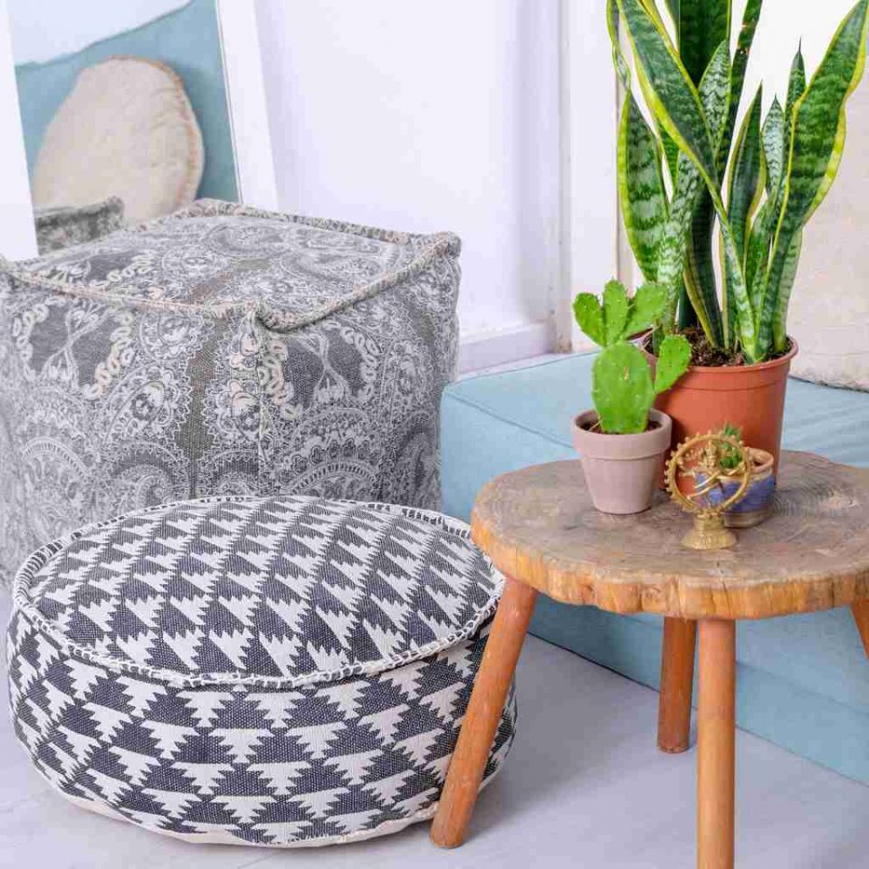 Tribal Bohemian Decor Floor Cushion Pouf pattern black gold white 10