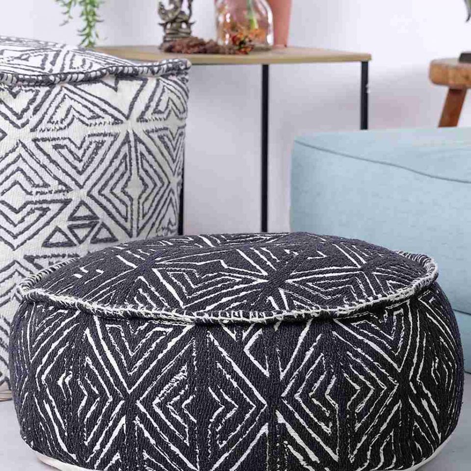 Tribal Pouf Ottoman Cube Floor Cushion Decor Black and White 11
