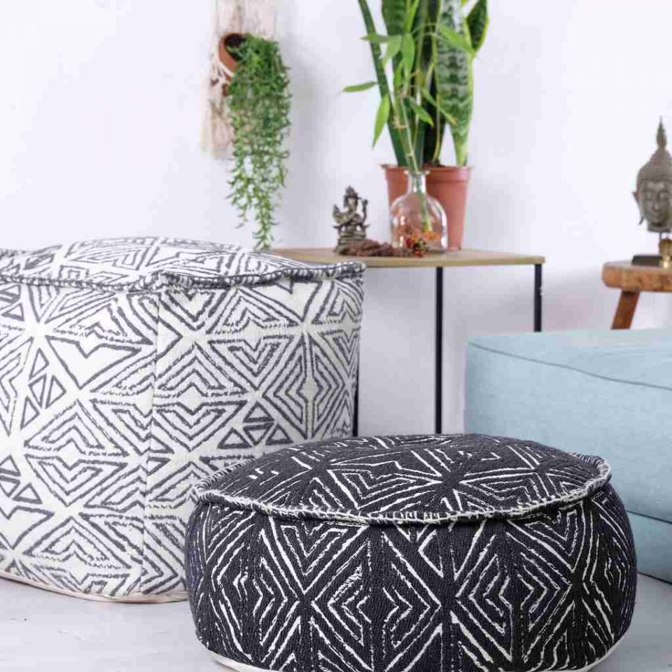 Tribal Pouf Ottoman Cube Floor Cushion Decor Black and White 12