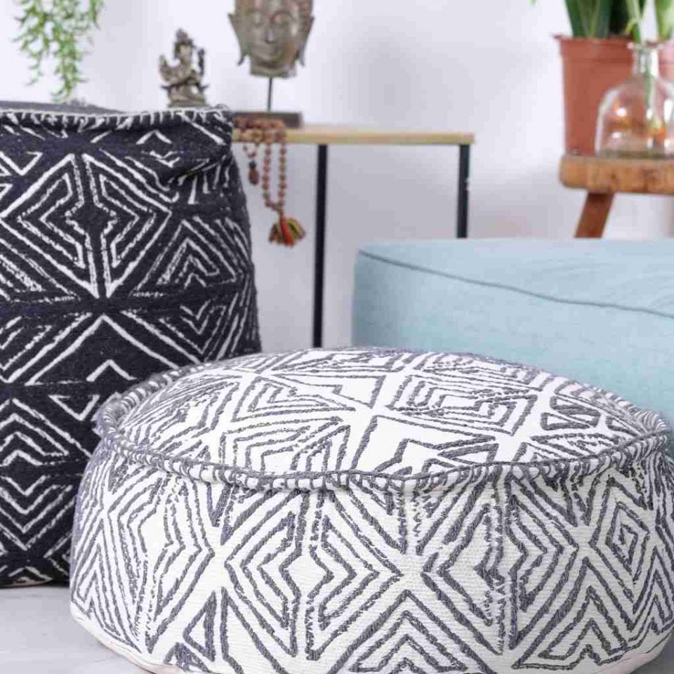 Tribal Pouf Ottoman Cube Floor Cushion Decor Black and White 3