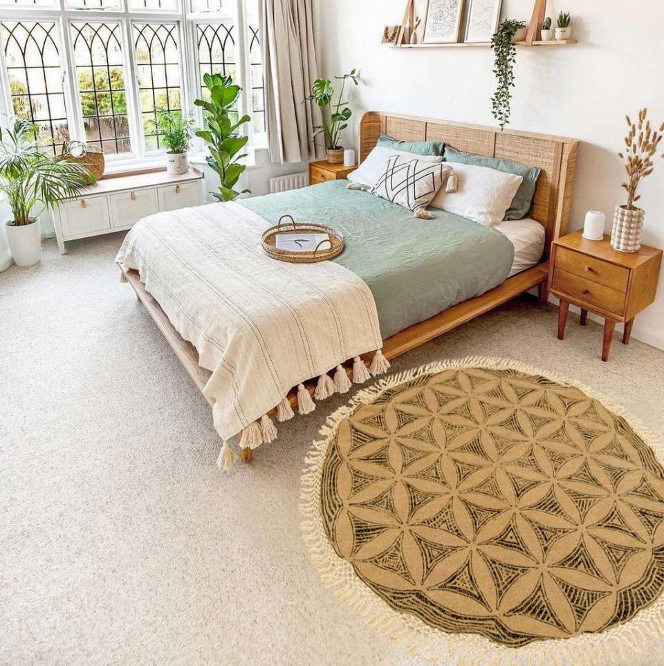 Round Jute Rug with Cotton Fring Flower of Life Sacred Geometry