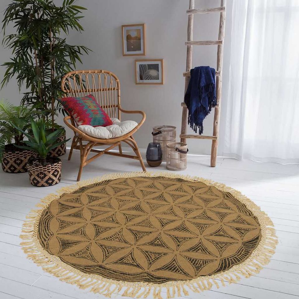 Round Jute Rug with Cotton Fring Flower of Life Sacred Geometry
